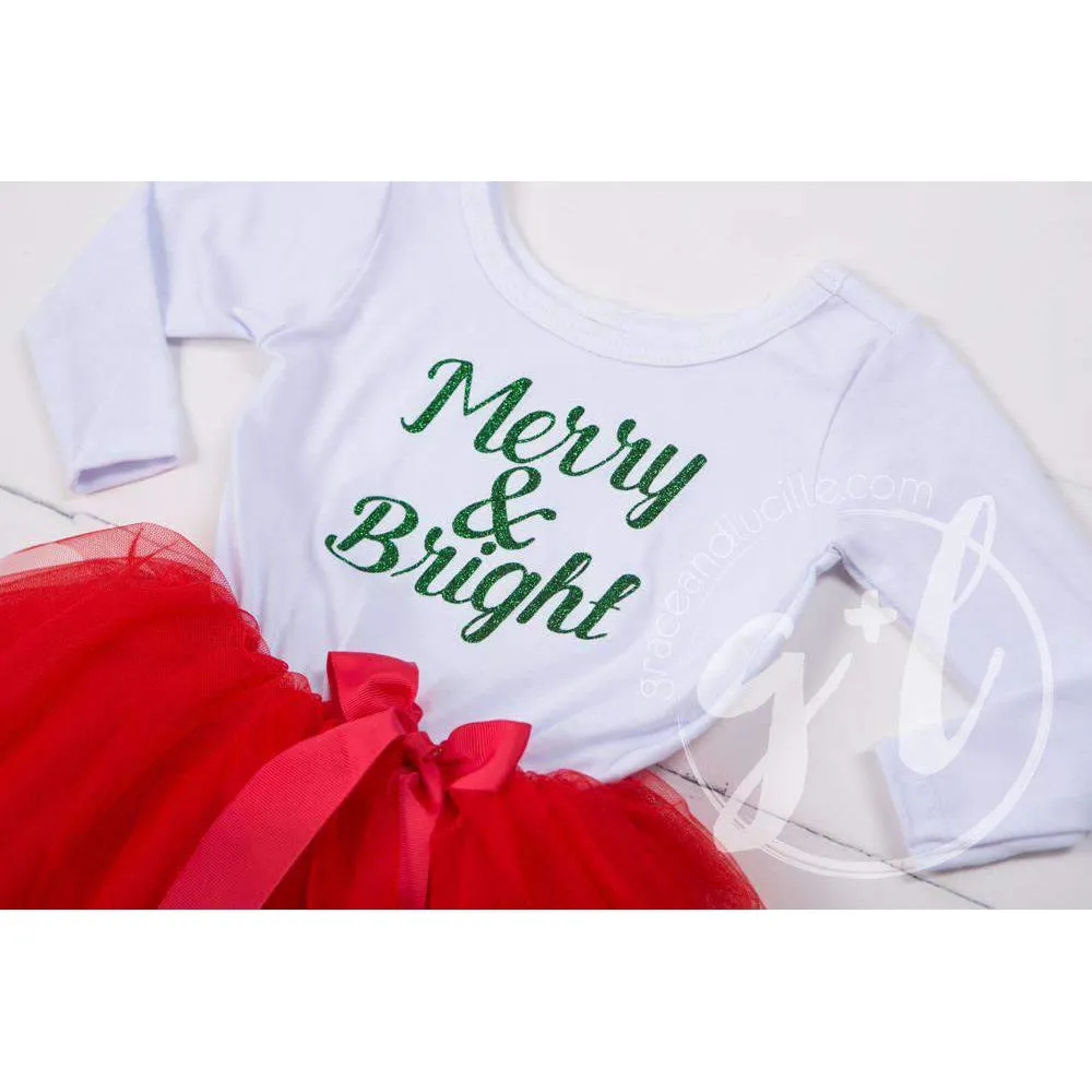 "Merry and Bright" Christmas Dress Red Tutu, White Long Sleeves