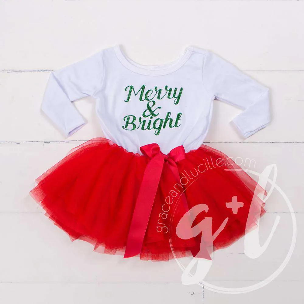 "Merry and Bright" Christmas Dress Red Tutu, White Long Sleeves