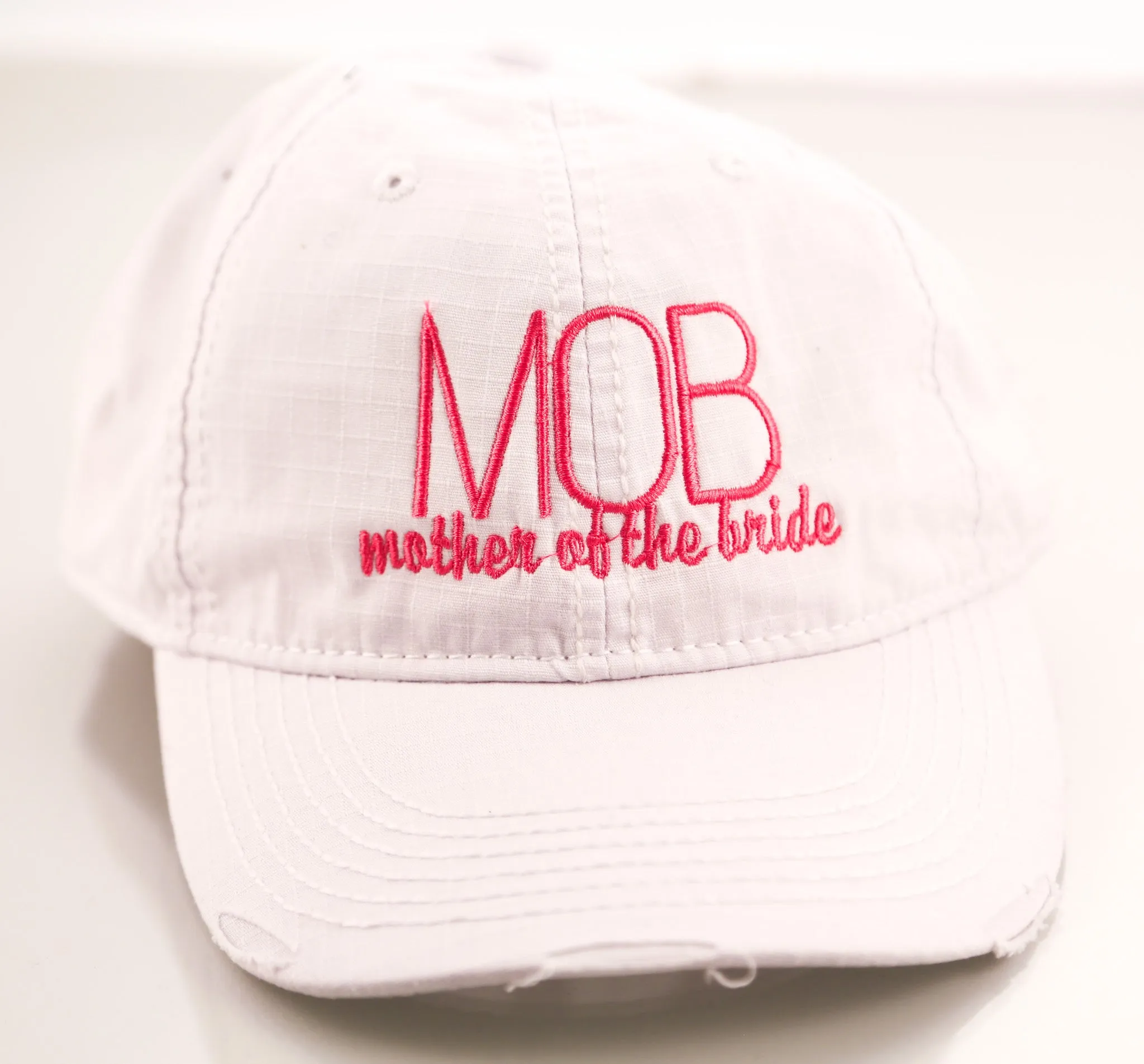 "MOB Mother of the Bride" White Embroidered Distressed Hat