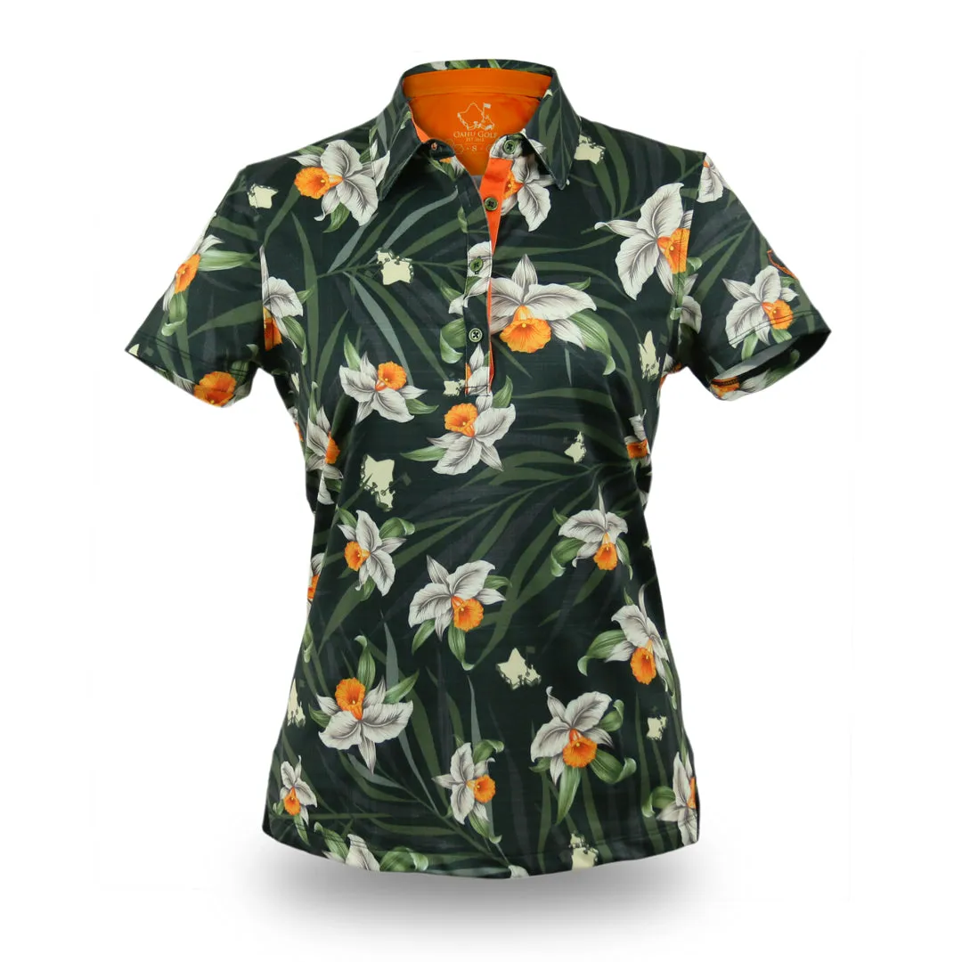 "Queen Orchids" Camo - OGA Women's Polo - Black Camo Green