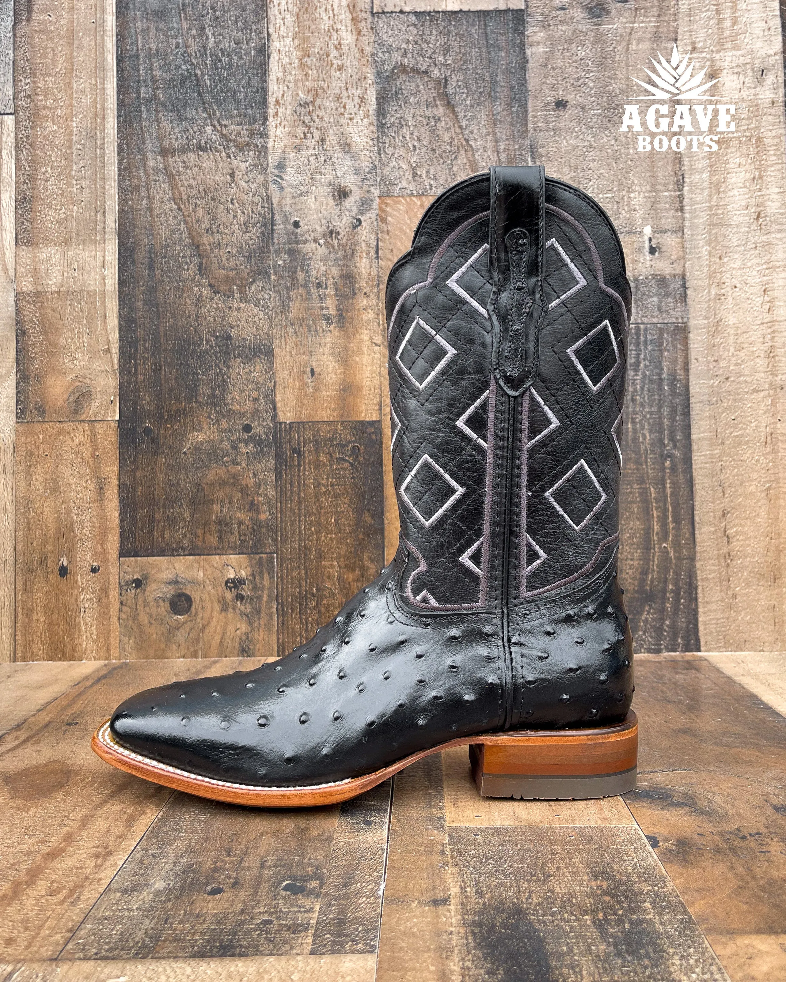 "RANCH" BLACK OSTRICH | MEN SQUARE TOE WESTERN COWBOY BOOTS