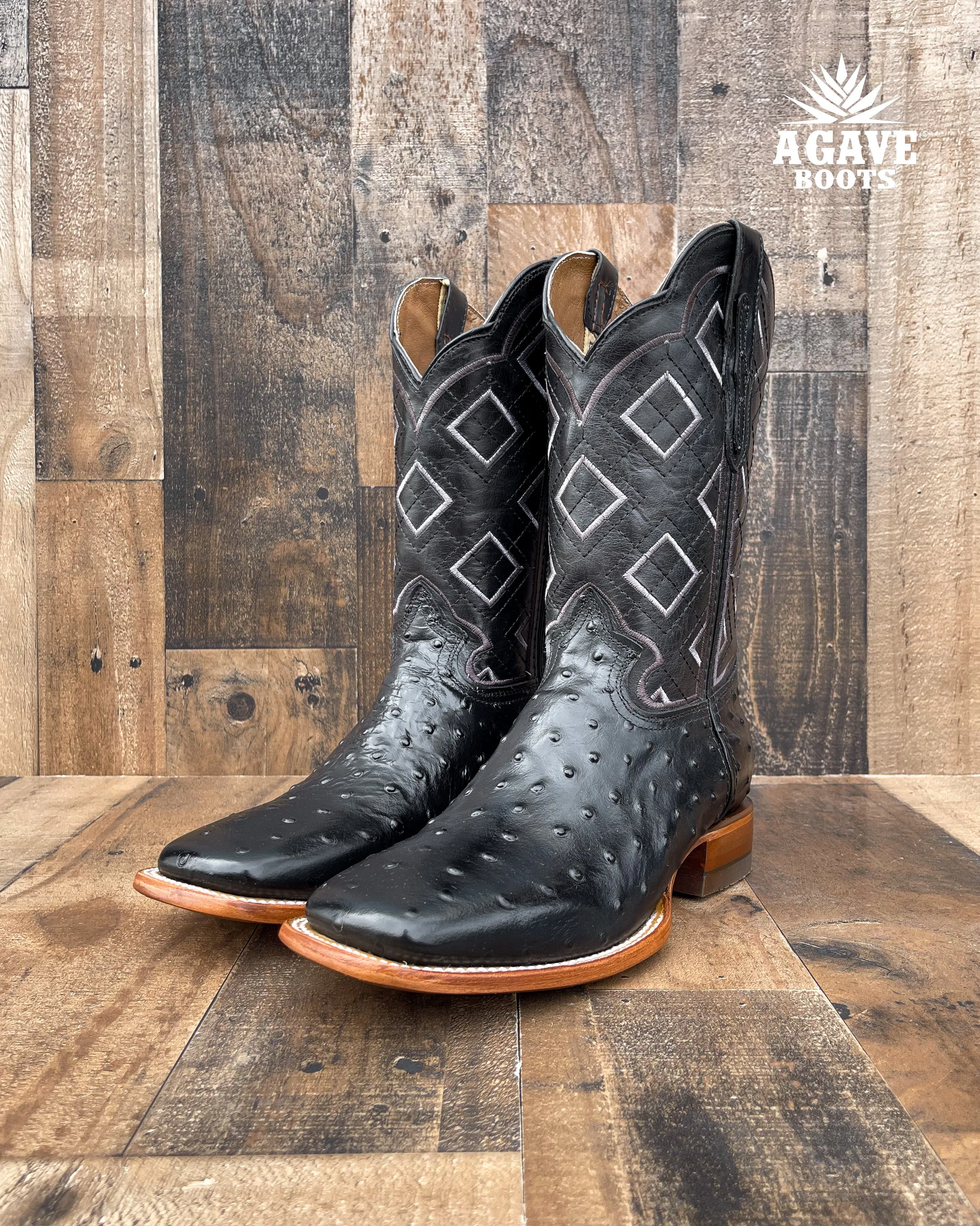 "RANCH" BLACK OSTRICH | MEN SQUARE TOE WESTERN COWBOY BOOTS