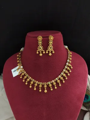 "Simple Antique Necklace Set with Kemp & Green Stones and Golden Ball Drops"