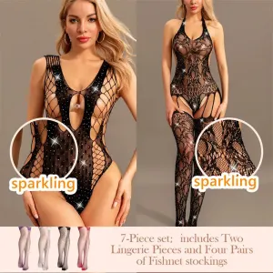 "Sparkling Rhinestone Fishnet Teddy - Seductive Women's Bodysuit"