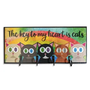 "The key to my heart is cats" Whimsical Cat Art Key Holder