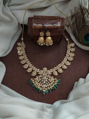 "Traditional Kemp Mango Necklace Set with Jhumkis"