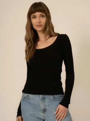 "What's the Scoop" Washed Rib Longsleeve Top - Black