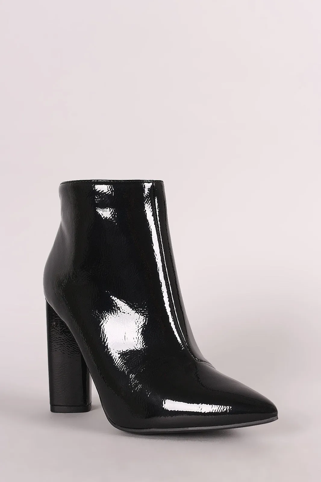 Qupid Crinkle Patent Pointy Toe Chunky Heeled Ankle Boots