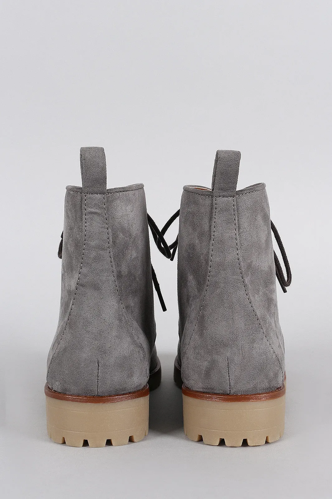 Qupid Suede Lug Sole Round Toe Lace Up Combat Ankle Boots