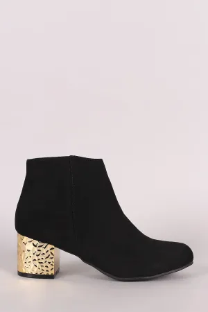 Qupid Suede Textured Metallic Block Heeled Booties