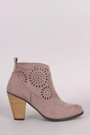 Qupid Vegan Suede Laser Cut Chunky Heel Cowgirl Booties