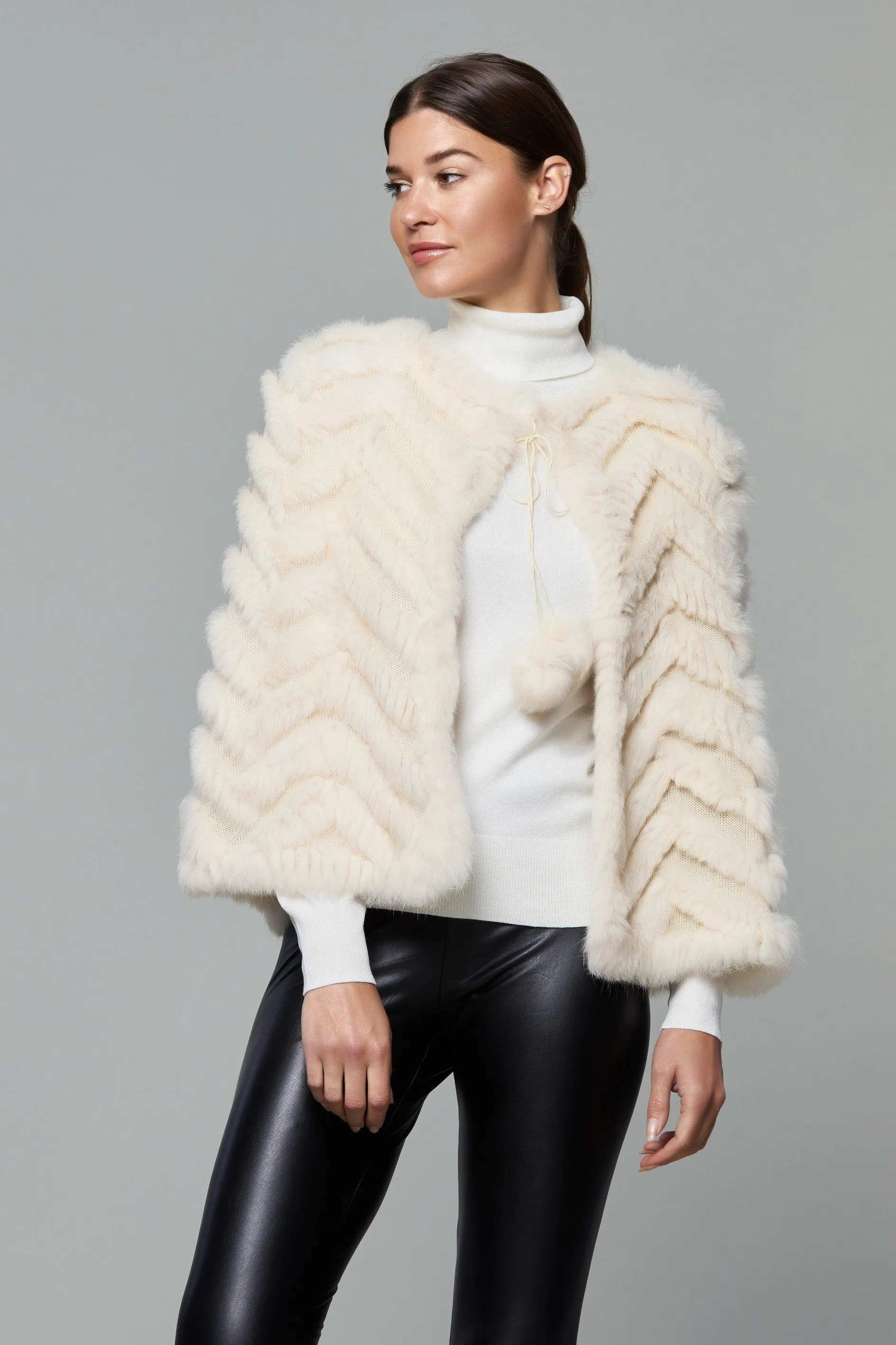 Rabbit Fur Capelet with Pom Poms