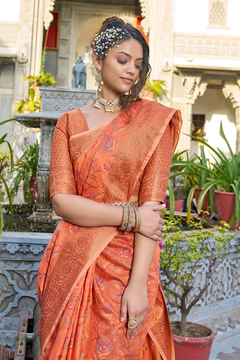 Radiant Orange Pashmina saree With Chatoyant Blouse Piece