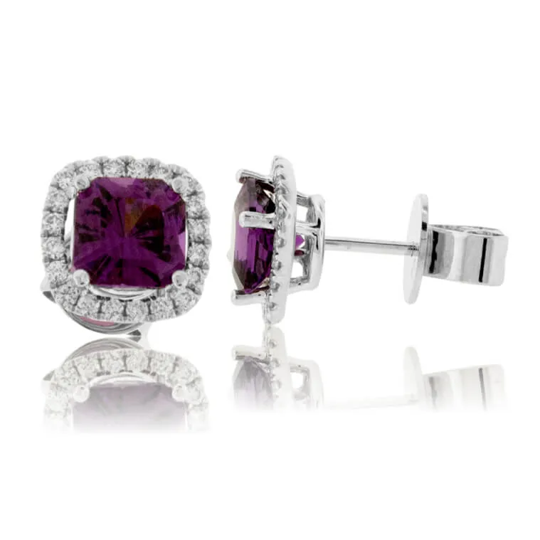 Radiant Purple Garnet & Diamond Halo Stud Earrings