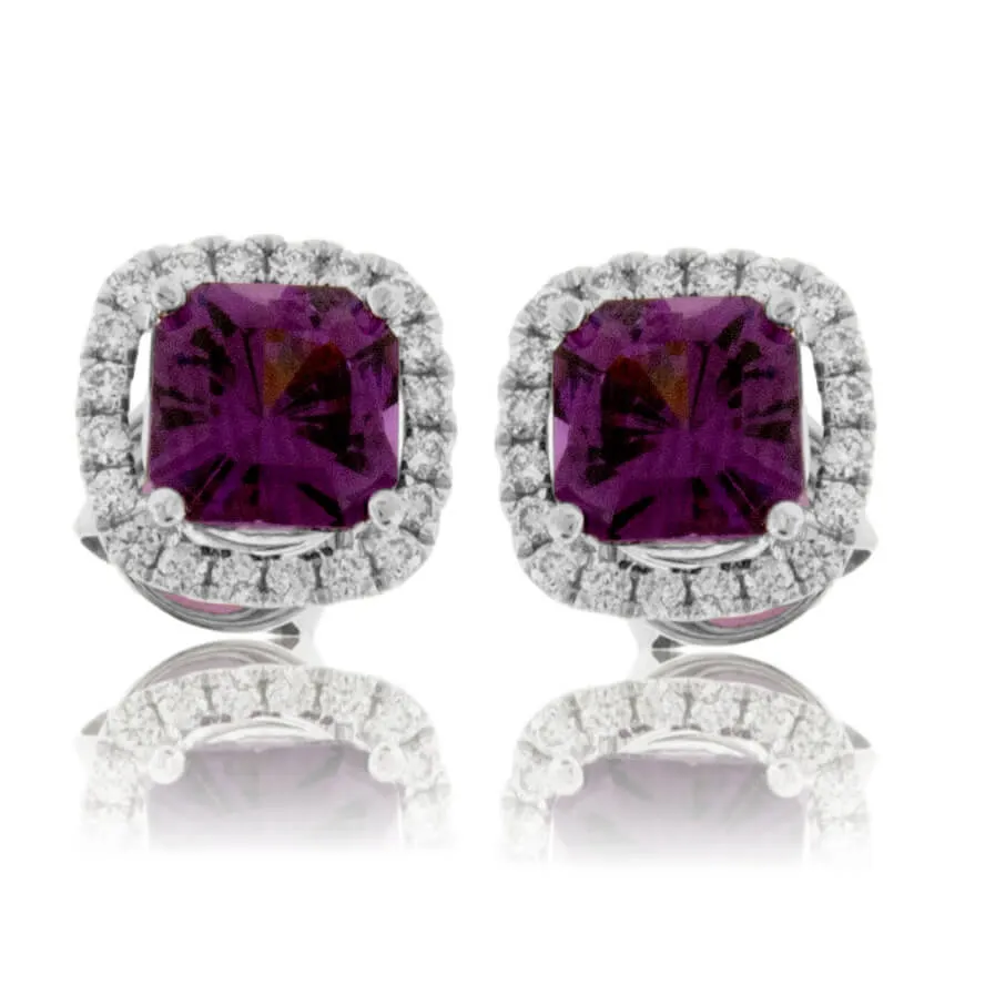 Radiant Purple Garnet & Diamond Halo Stud Earrings