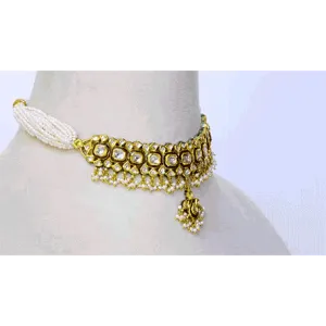 Radiant Red Enameled Small Choker Necklace and Earring Set with Diamond Polki and Pearls - (KMNE3440)