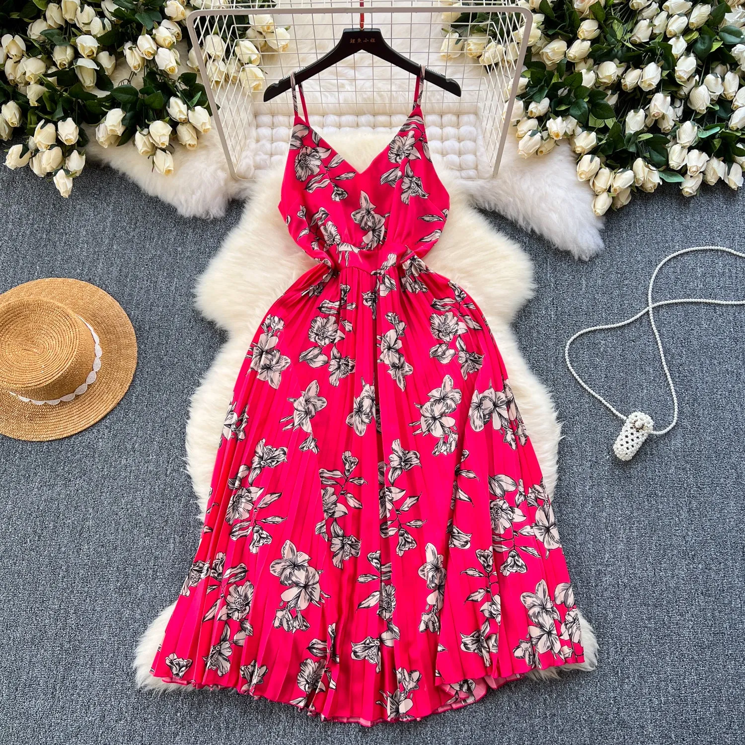 Radiant Red Pleated Floral Accents Midi Dress