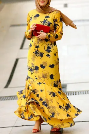 Radiant Yellow Floral Satin Maxi Dress with Lined Interior