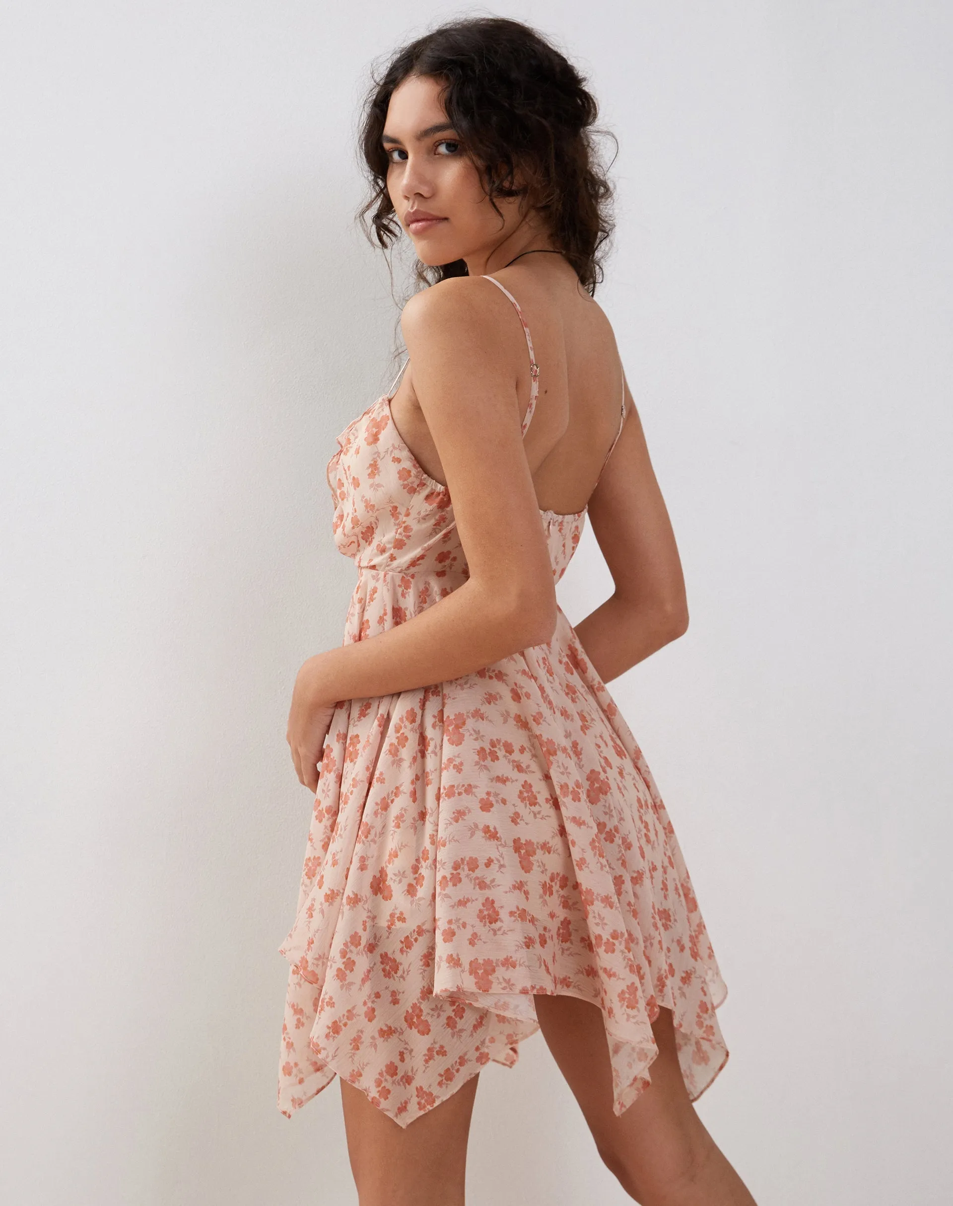 Raftar Frill Chiffon Mini Dress in Peach Cherry Blossom