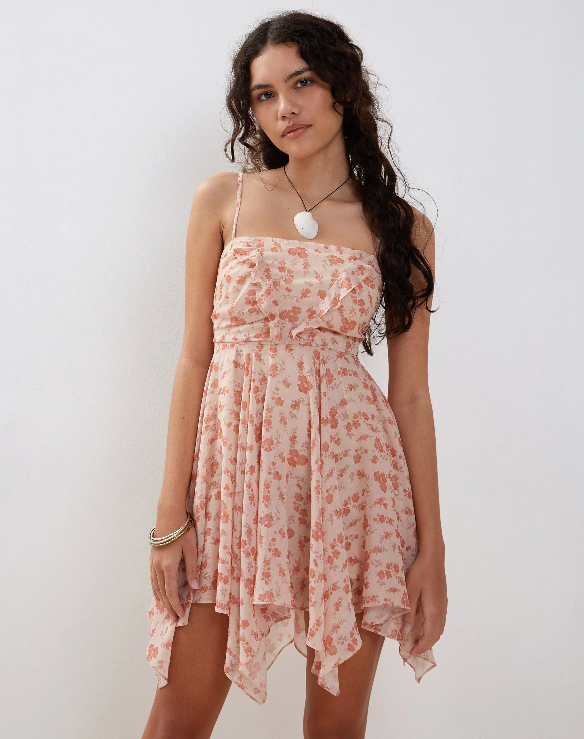 Raftar Frill Chiffon Mini Dress in Peach Cherry Blossom