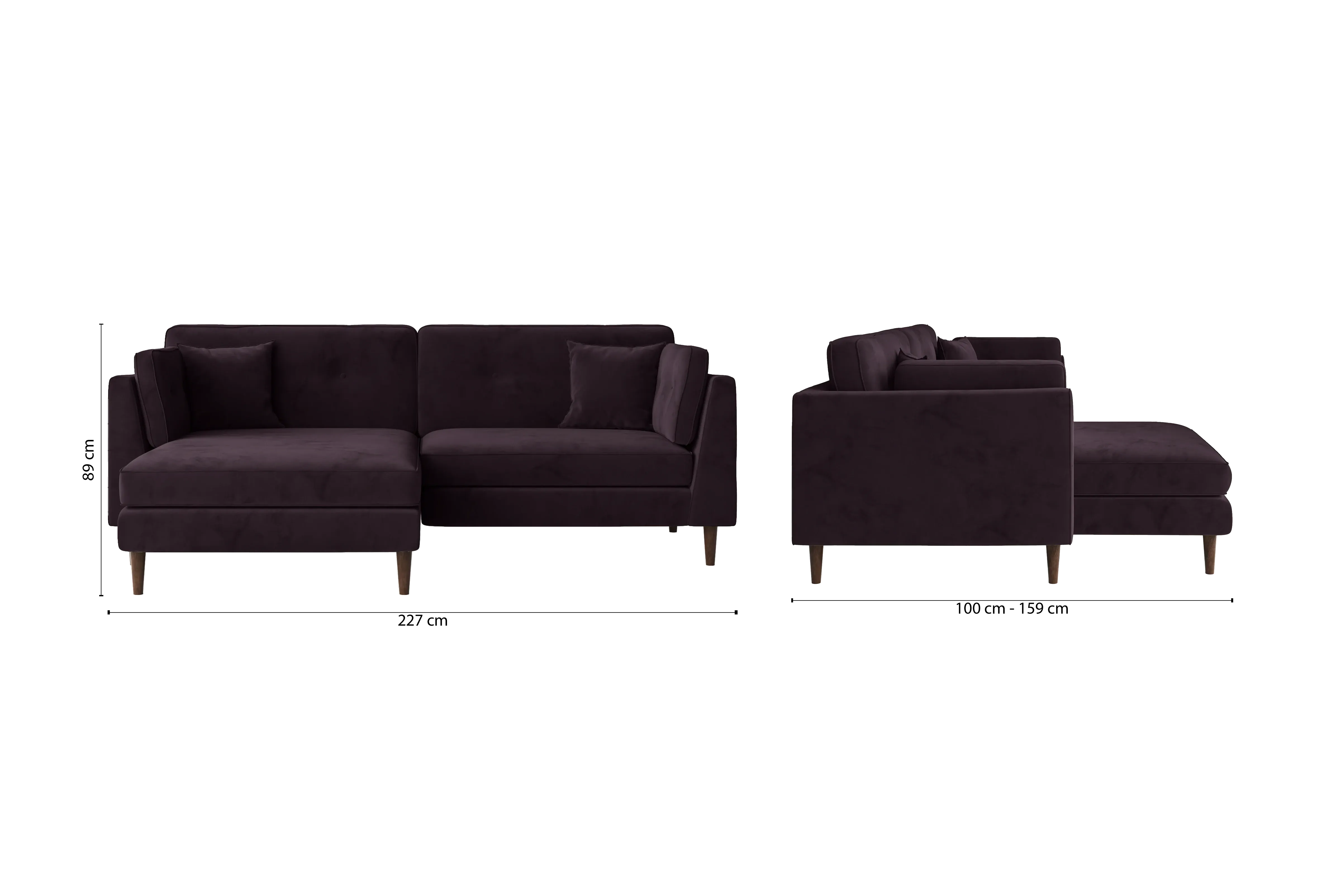 Ragusa 3 Seater Left Hand Facing Chaise Lounge Corner Sofa Purple Velvet