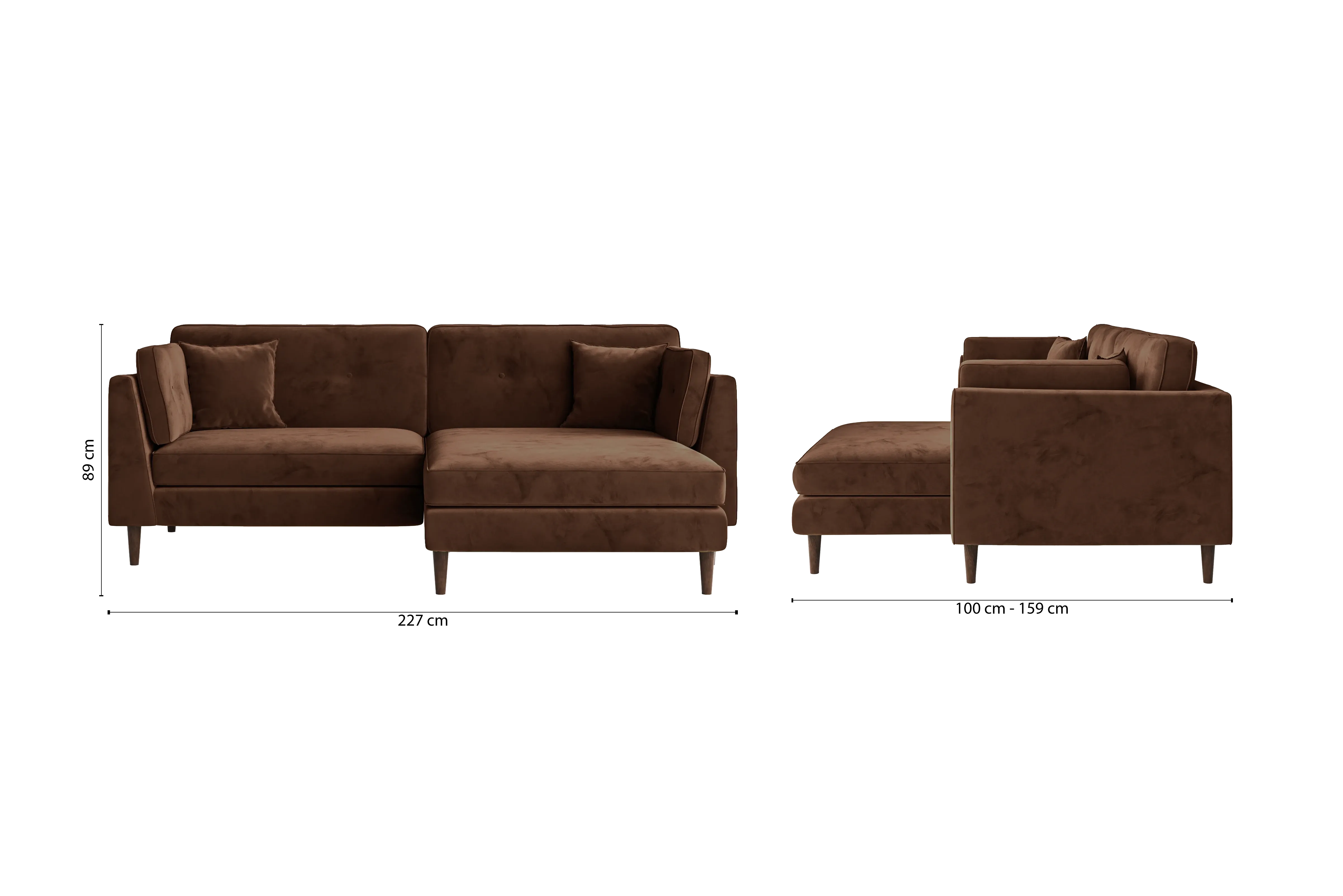 Ragusa 3 Seater Right Hand Facing Chaise Lounge Corner Sofa Coffee Brown Velvet