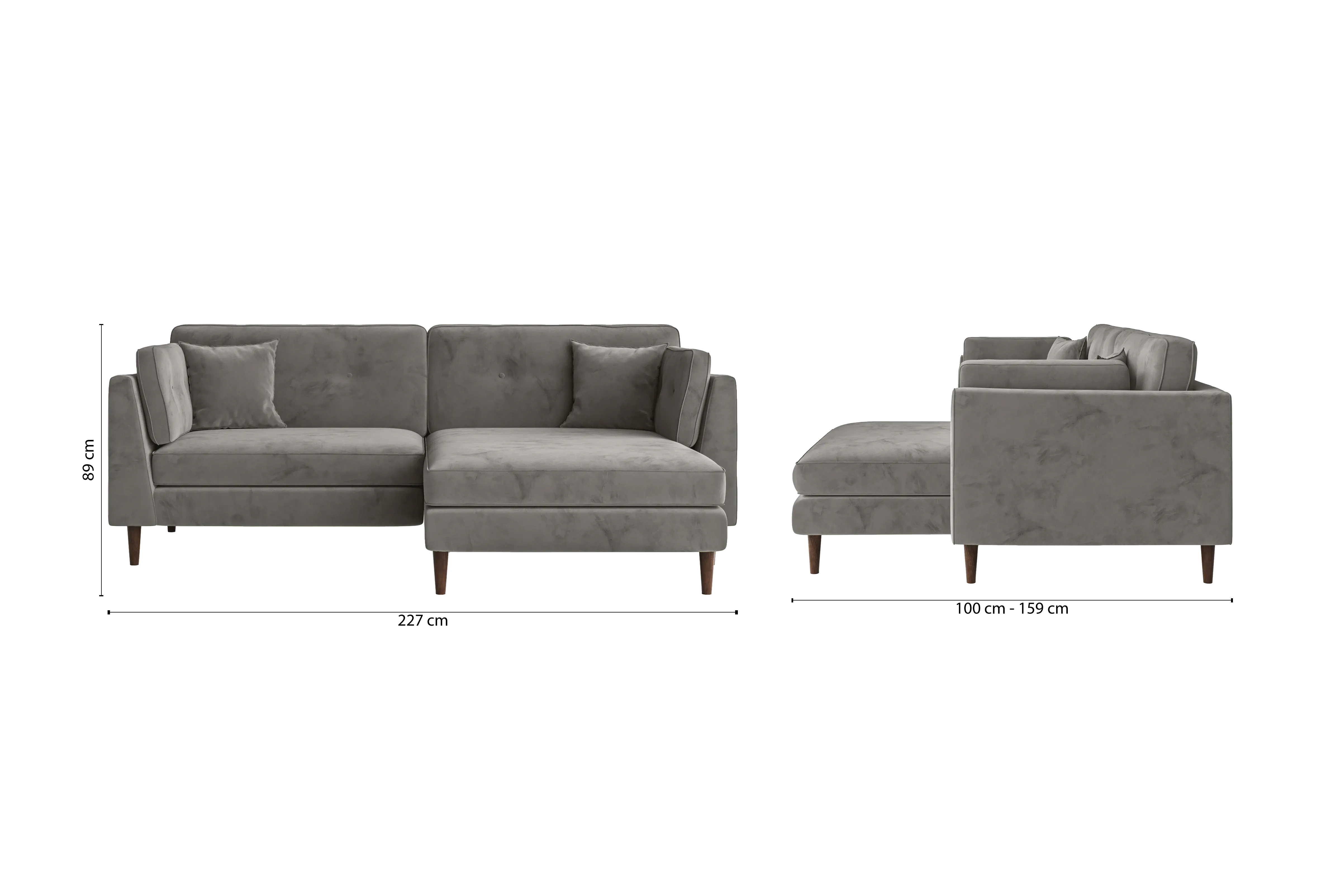 Ragusa 3 Seater Right Hand Facing Chaise Lounge Corner Sofa Grey Velvet