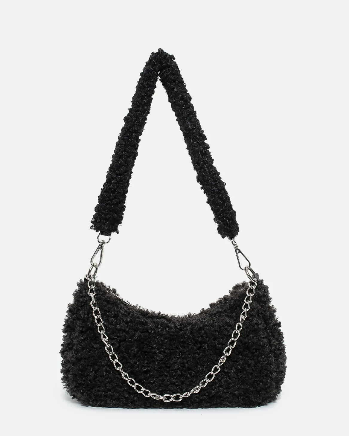 RAINA - borsa materiale teddy in nero e finiture argento (due tracolle incluse)