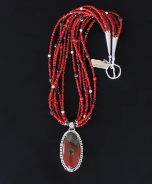 Rainbow Brecciated Jasper and Sterling Silver Pendant with 6 Strands of Red Pote Beads, Smoky Quartz Rondelles, Czech Glass and Sterling Silver