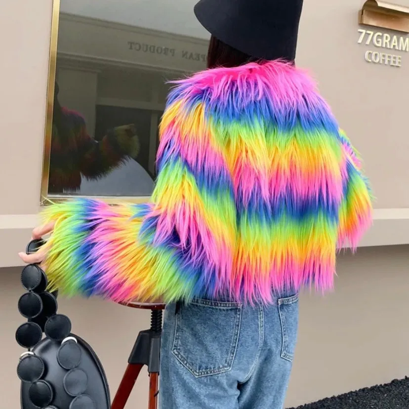 Rainbow Cropped Shaggy Faux Fur Jacket