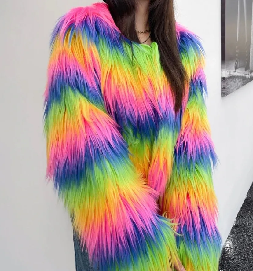 Rainbow Cropped Shaggy Faux Fur Jacket