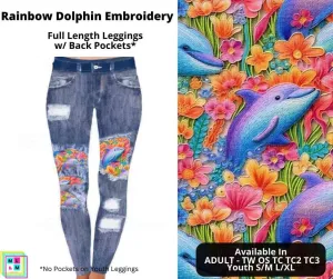 Rainbow Dolphin Embroidery Faux Denim Peekaboo Leggings w/Back Pockets