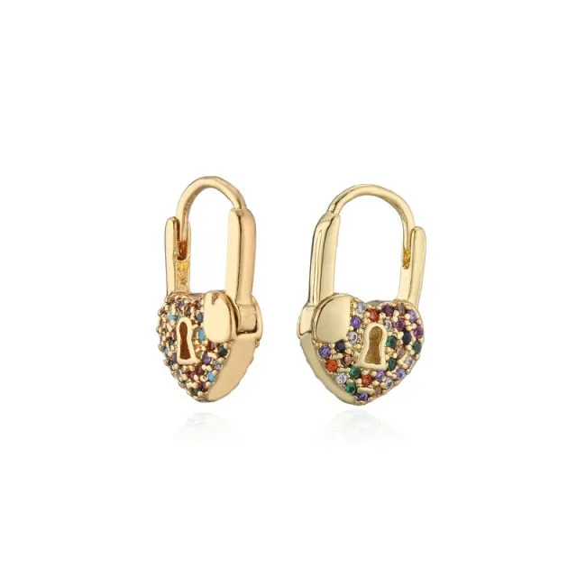 Rainbow Heart Small Lock Drop Earrings for Women with Zircon in Gold Color