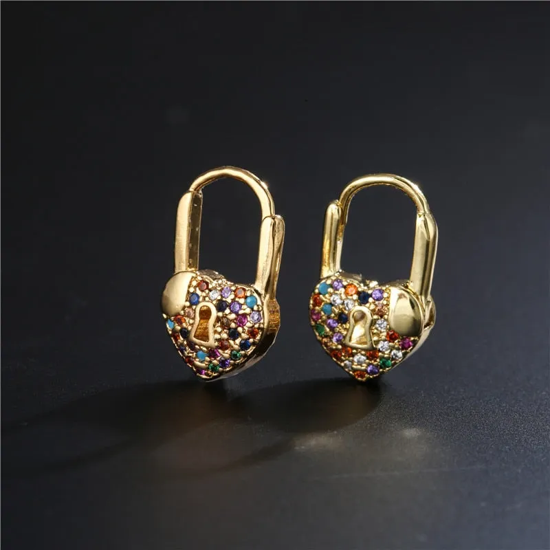 Rainbow Heart Small Lock Drop Earrings for Women with Zircon in Gold Color