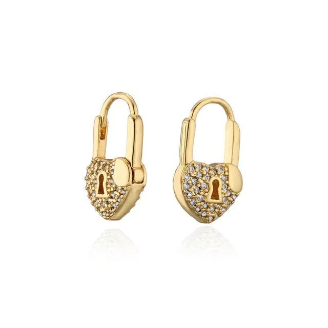 Rainbow Heart Small Lock Drop Earrings for Women with Zircon in Gold Color