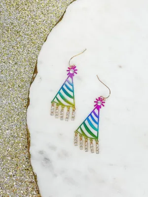 Rainbow Metallic Pave Birthday Hat Dangle Earrings