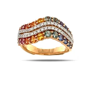 Rainbow Multicolor Sapphires Wave Ring