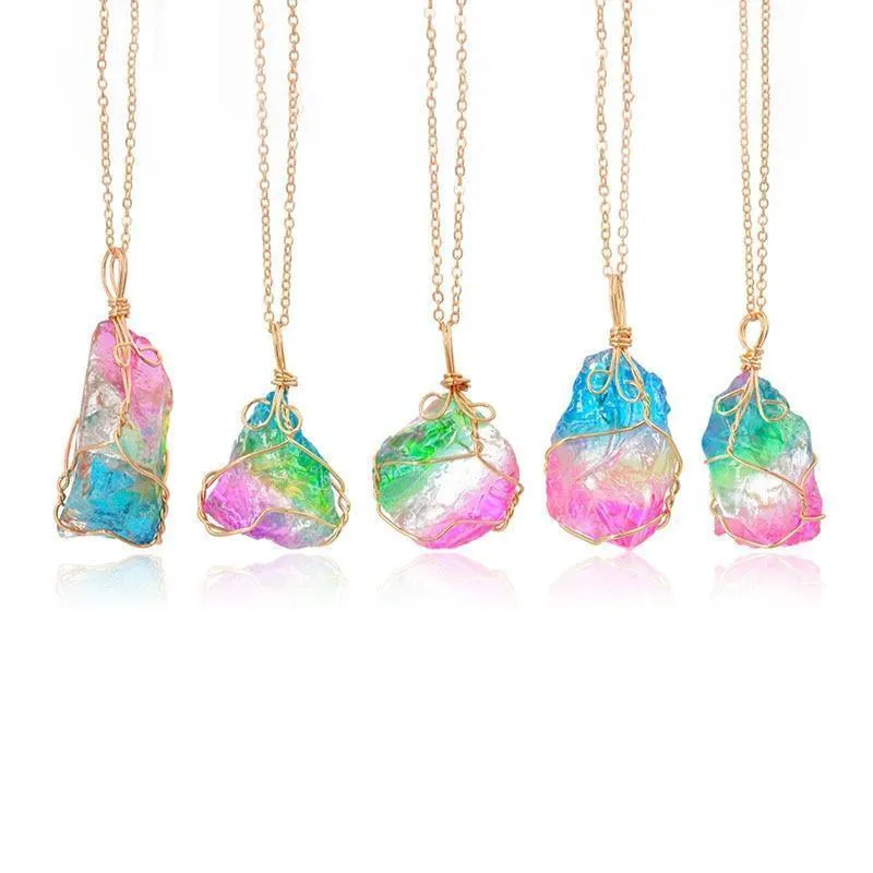 Rainbow Natural Stone Pendant Necklace Charm Crystal Jewelry Unisex Necklace