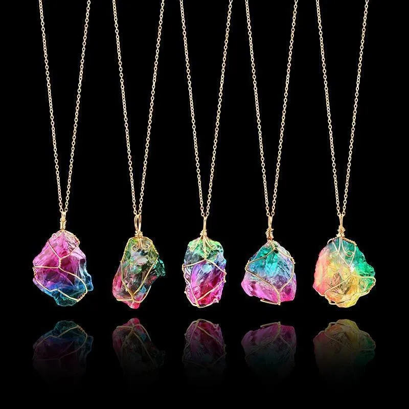 Rainbow Natural Stone Pendant Necklace Charm Crystal Jewelry Unisex Necklace