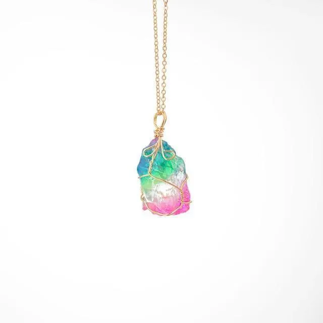 Rainbow Natural Stone Pendant Necklace Charm Crystal Jewelry Unisex Necklace