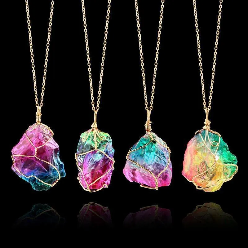 Rainbow Natural Stone Pendant Necklace Charm Crystal Jewelry Unisex Necklace