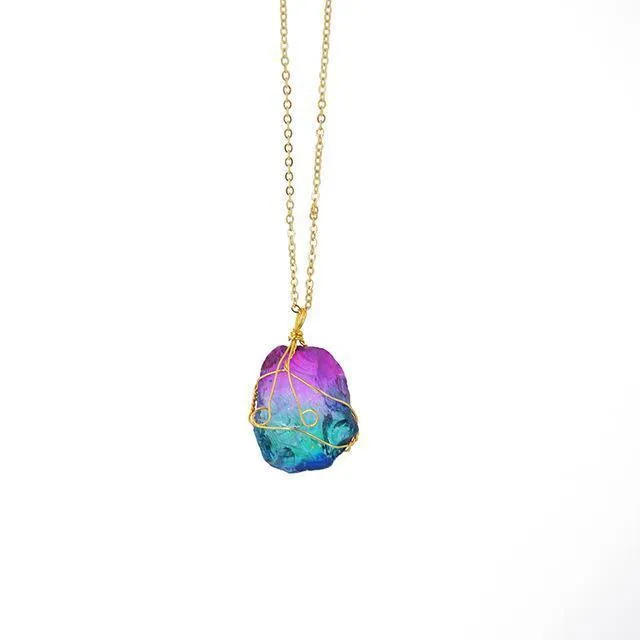 Rainbow Natural Stone Pendant Necklace Charm Crystal Jewelry Unisex Necklace