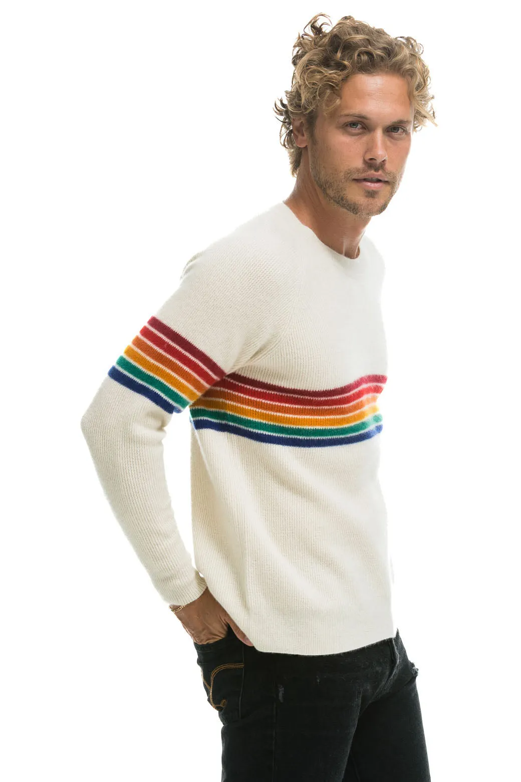 RAINBOW STRIPE 6 UNISEX CASHMERE SWEATER	- VINTAGE WHITE