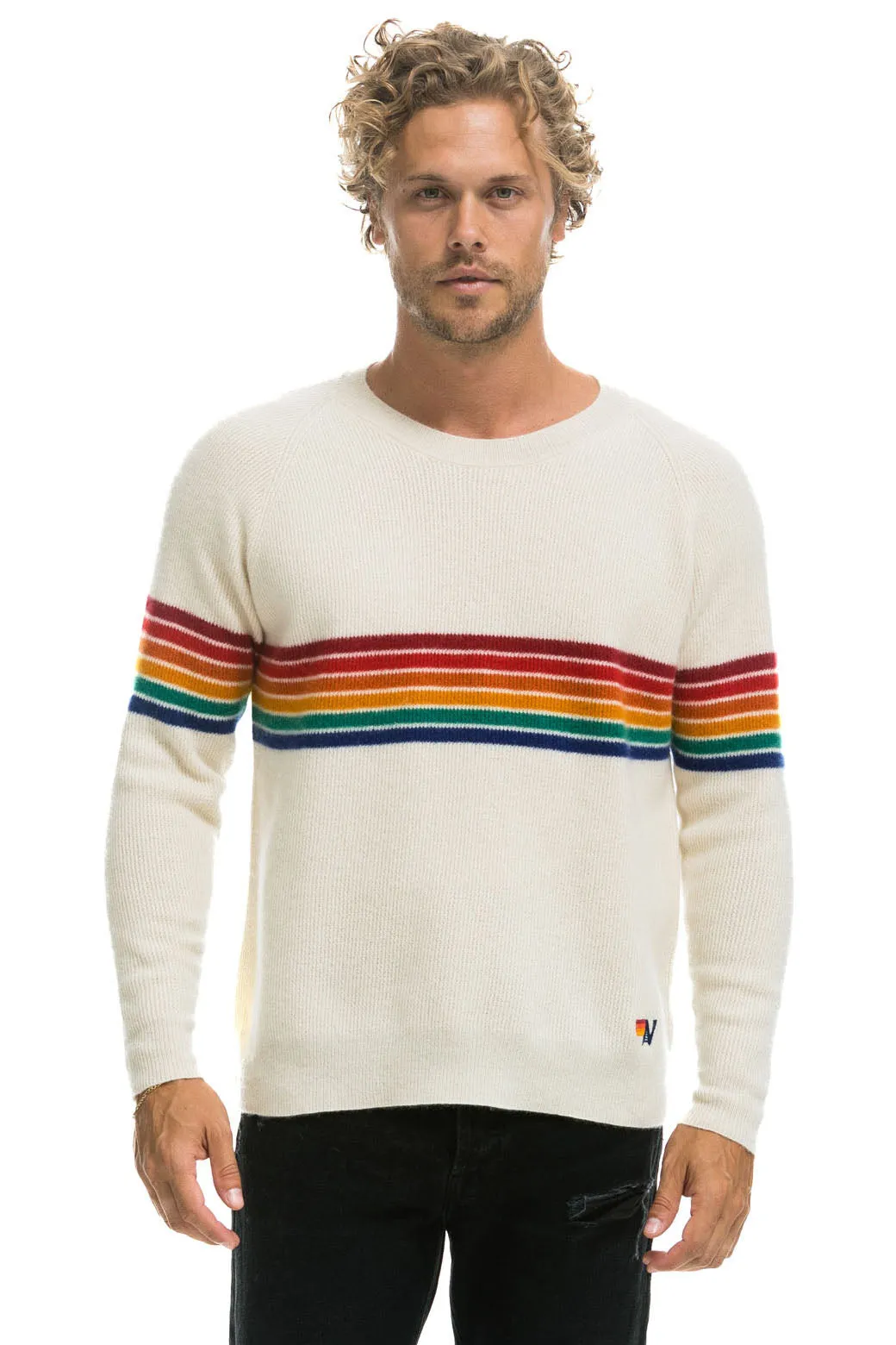 RAINBOW STRIPE 6 UNISEX CASHMERE SWEATER	- VINTAGE WHITE