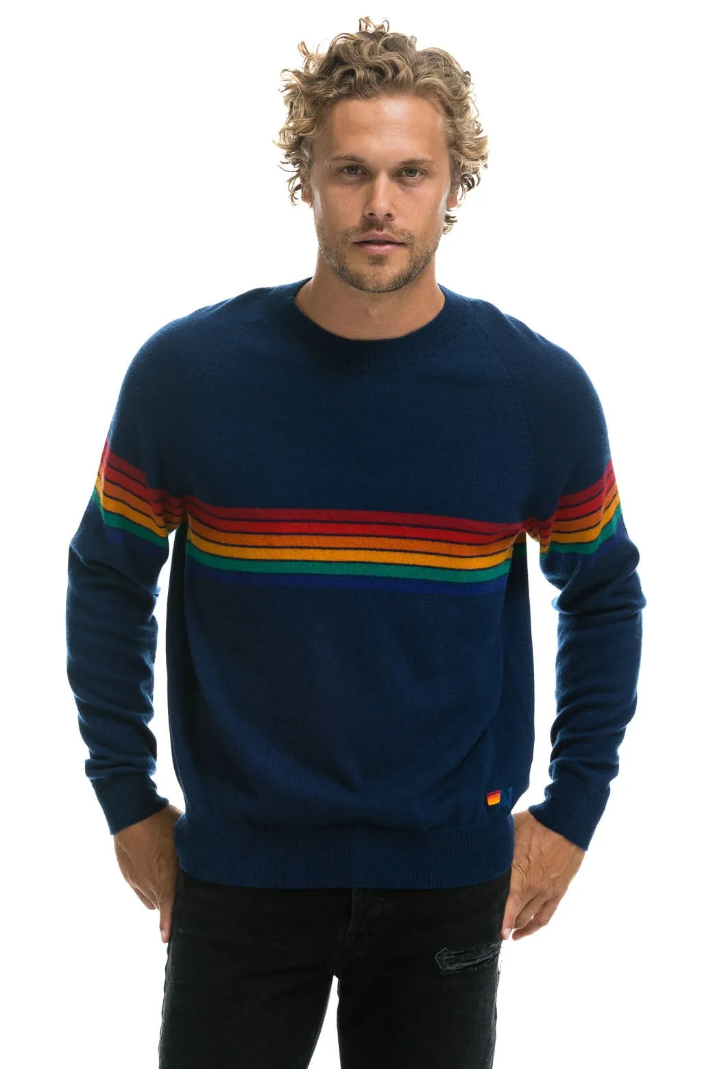 RAINBOW STRIPE 6 UNISEX LIGHT CASHMERE SWEATER - MIDNIGHT