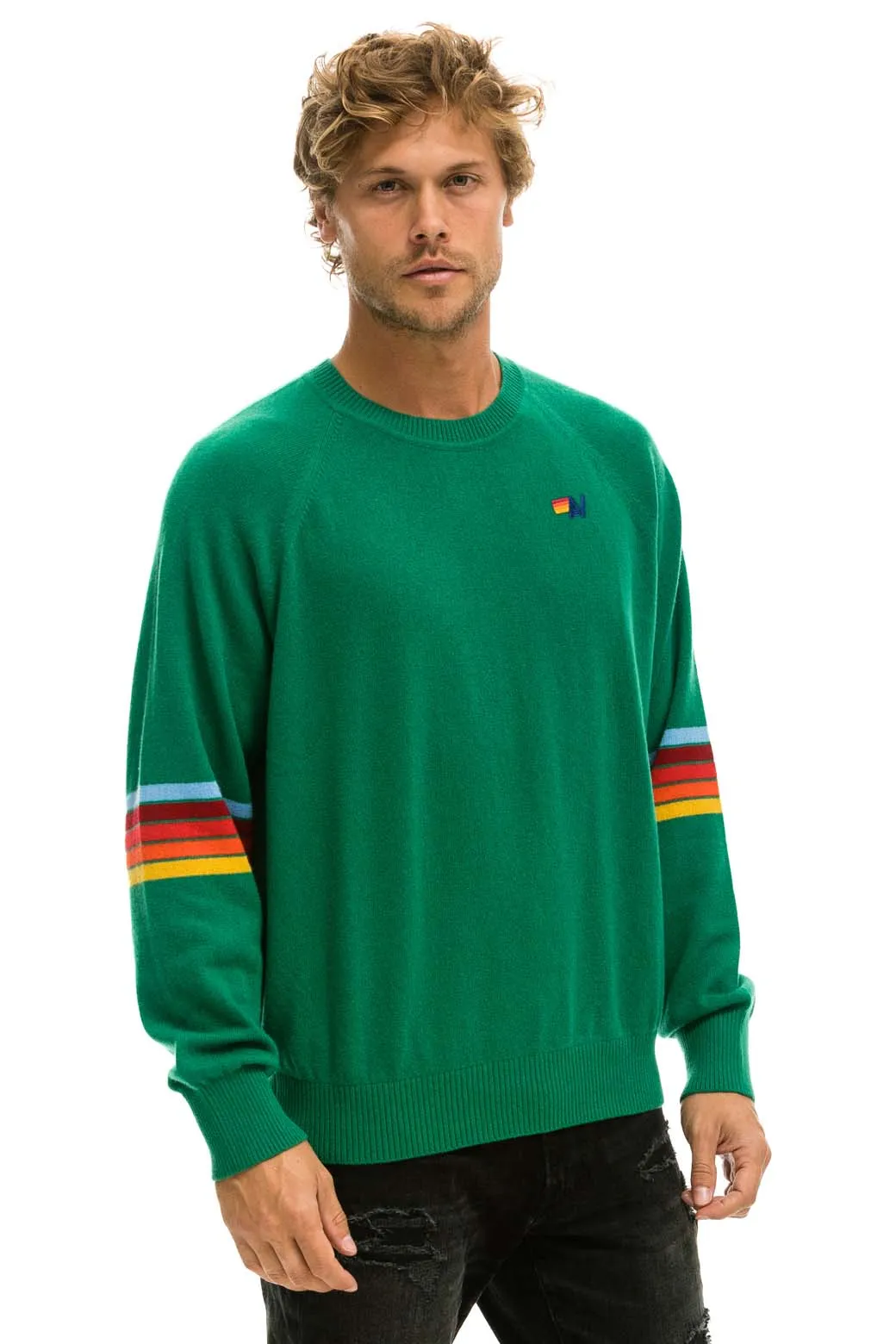 RAINBOW STRIPE SLEEVE UNISEX CASHMERE LIGHT SWEATER - AMAZON