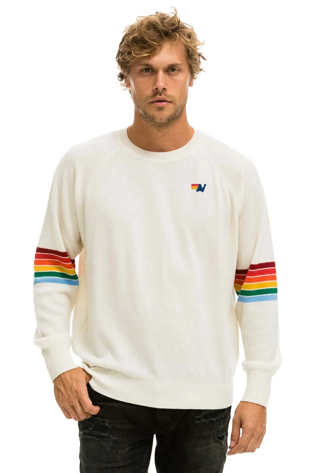 RAINBOW STRIPE SLEEVE UNISEX CASHMERE LIGHT SWEATER - VINTAGE WHITE