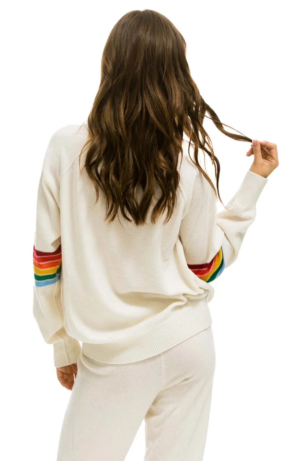 RAINBOW STRIPE SLEEVE UNISEX CASHMERE LIGHT SWEATER - VINTAGE WHITE