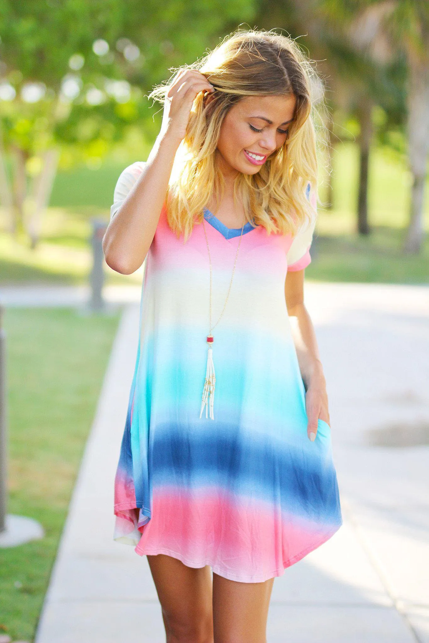 Rainbow V-neck Short Dress with Pockets