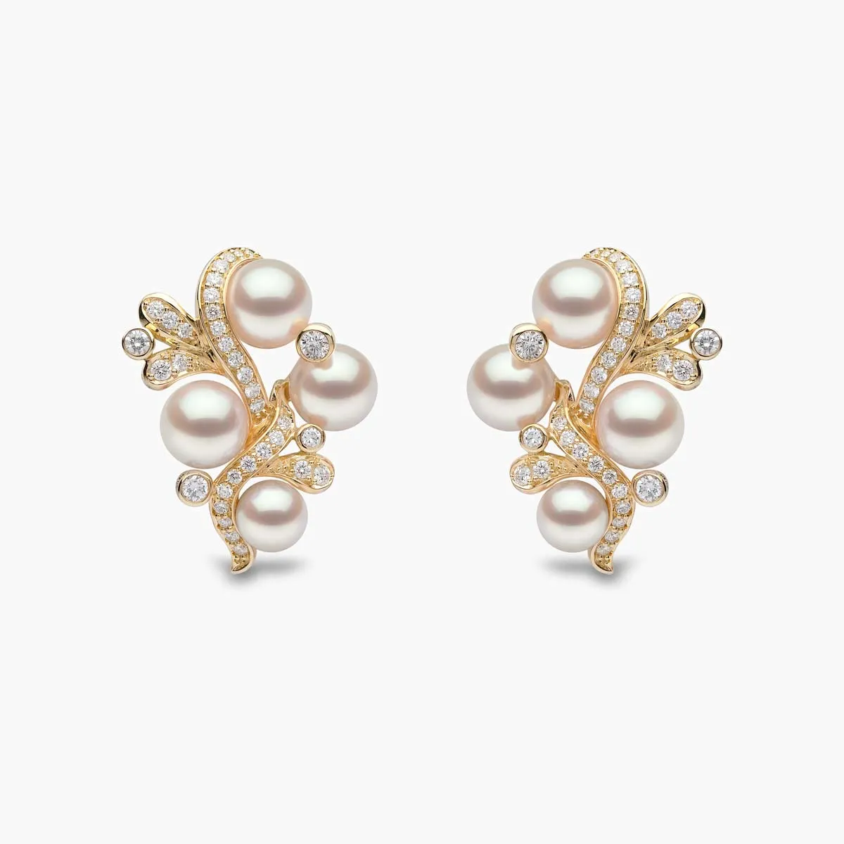 Raindrop 18K Gold Akoya Pearl and Diamond Ripple Earrings